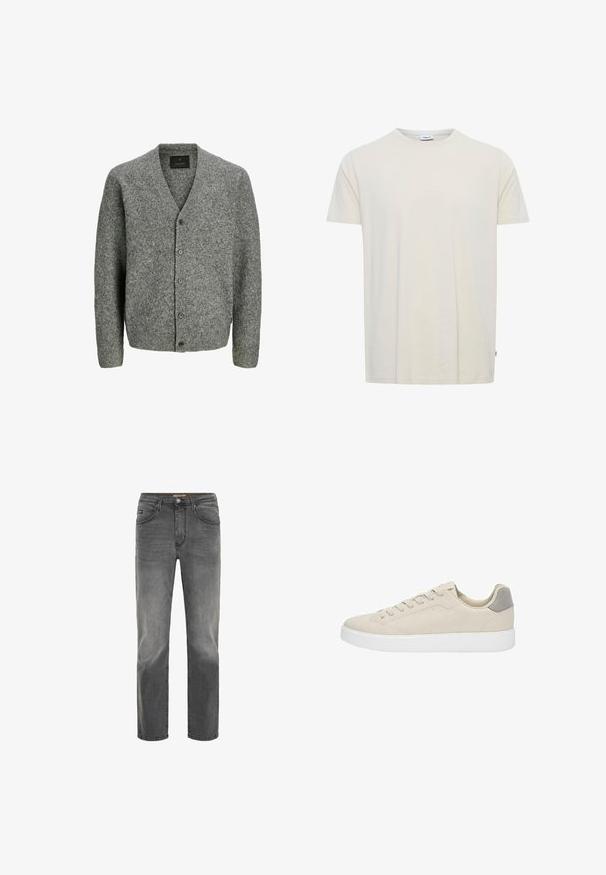 Grå uld cardigan med V-hals, lange ærmer og seks frontknapper. Har en blød tekstur og en afslappet pasform.; Ensfarvet off-white kortærmet t-shirt med rund hals, lille label ved kraven og sideetiket ved kanten.; Drejede mænds jeans i falmet mørkegrå denim med frontlommer, bæltestropper og knappelukning.; Beige ruskinds sneakers med hvide gummisåler, der har et lavtopdesign og grå accent på hælen. Snørebåndlukning med minimal syning.