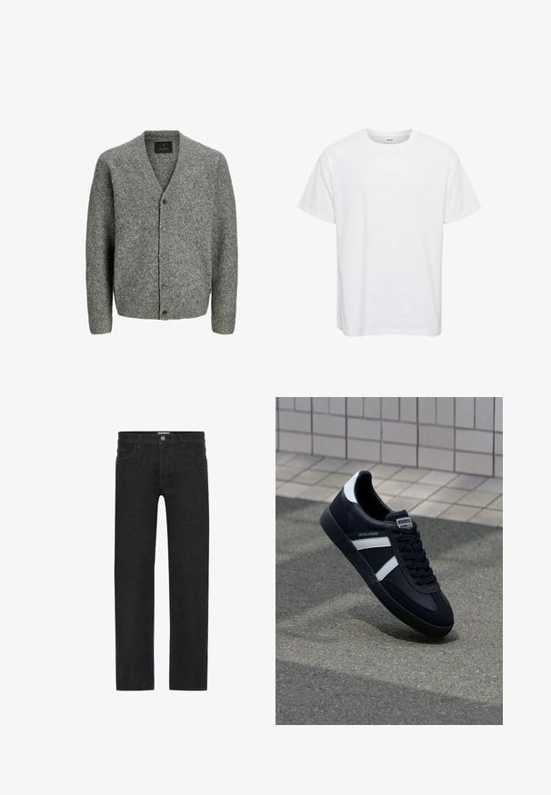 Grå uld cardigan med V-hals, lange ærmer og seks frontknapper. Har en blød tekstur og en afslappet pasform.; Hvid bomulds t-shirt med korte ærmer, rund halsudskæring og en afslappet pasform. Glat tekstur, ingen mønstre eller detaljer. Simpelt design.; Sorte lige ben jeans lavet af denim, der har en knaplukning i taljen, fem lommer og et minimalistisk design uden synlige mønstre.; Sort lædersneaker med hvide striber, tekstureret gummisål og snørrebånd foran. Har et brandet mærke på tungen.