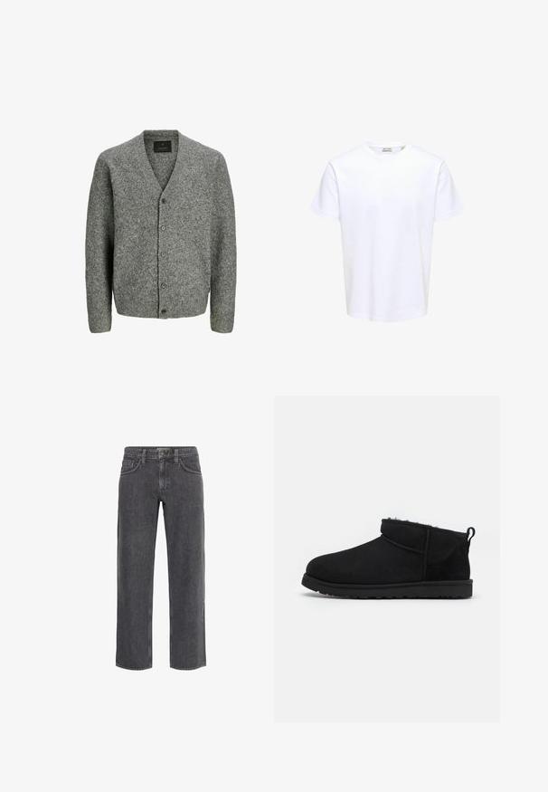 Cardigan en laine grise avec un col en V, des manches longues et six boutons à l'avant. Présente une texture douce et une coupe décontractée.; T-shirt blanc uni à manches courtes avec col rond et petite étiquette de marque à l'intérieur du col.; Jean en denim noir délavé, coupe droite, avec cinq poches et passants pour ceinture, fermeture avant par boutons, et coutures apparentes.; Bottines noires en daim avec une doublure douce et texturée, une semelle en caoutchouc basse et une languette à l'arrière pour un enfilage facile.