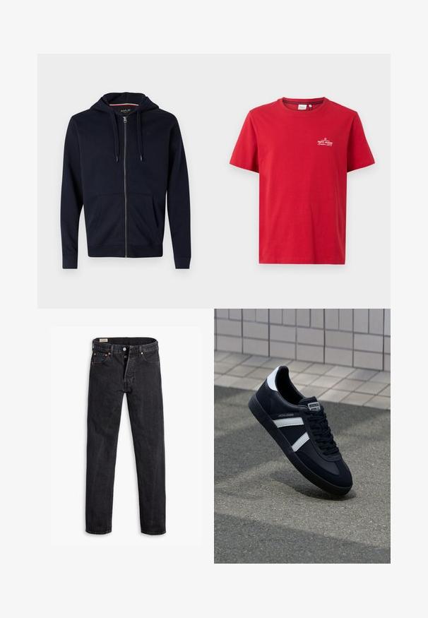 Marine blauwe ritshoodie van een katoenmix, met een trekkoordcapuchon, twee voorzakken en ribgebreide manchetten en zoom. Klein logo accent op de borst.; Pepe Jeans THIAGO TEE - T-shirt print - rugby red; Zwarte high-rise rechte jeans met knopen en vijf zakken, plat liggend op een witte achtergrond.; Zwarte leren sneaker met witte strepen, een gestructureerde rubberen zool en vetersluiting aan de voorkant. Voorzien van een merklabel op de tong.