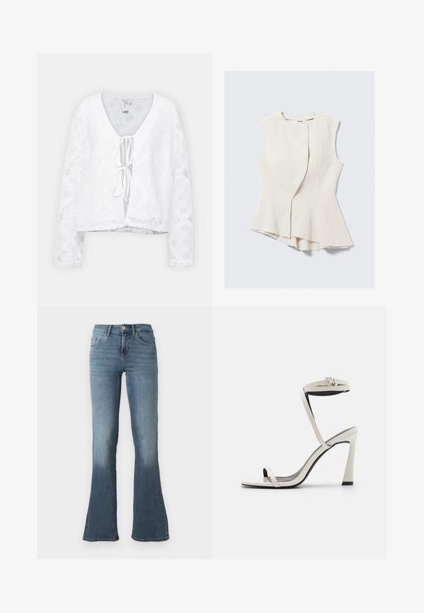 Λευκή cropped μπλούζα με μακριά μανίκια, δαντέλα, V-neck, μπροστινή καμπύλη με δέσιμο και διακοσμητικά σχέδια στα μανίκια.; Ασύμμετρο αμάνικο τοπ σε ανοιχτό μπεζ υφασμάτινο ύφασμα με υφή, με διακριτικό μπροστινό τύλιγμα και ξέφτια στην κάτω όψη. Η ετικέτα γράφει "WEEKDAY".; Φωτεινό μπλε τζιν τζιν με ψηλή μέση, κλείσιμο με κουμπί και φερμουάρ, τσέπες εμπρός και πίσω, και φαρδιά μπατζάκια.; Λευκές παλαιές δερμάτινες ψηλοτάκουνες σανδάλες με κλειστή φτέρνα, αυτοκόλλητο που φτάνει μέχρι τον αστράγαλο και τετράγωνη μύτη. Διαθέτουν λεία υφή και λεπτό τακούνι.