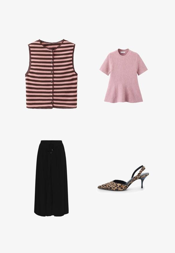 Veste sans manches en crochet avec des rayures horizontales roses et marron, devant boutonné et bords festonnés autour du col et de l'ourlet.; Haut en maille rose clair à manches courtes avec un col rond et un ourlet évasé. Texture douce avec une couture lisse et régulière partout.; Jupe noire longueur cheville avec taille élastique et cordon de serrage, dotée d'une fente avant et d'un tissu fluide.; Escarpin à talon haut à bout pointu, bride arrière, imprimé léopard et bride latérale réglable avec boucle sur fond blanc.