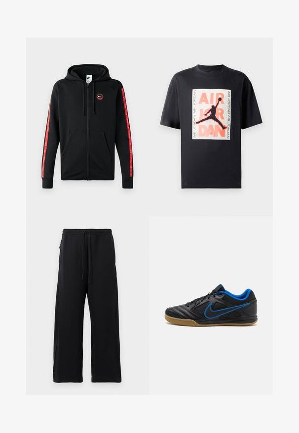Μαύρο φούτερ Nike με φερμουάρ, κουκούλα με κορδόνι, μπροστινές τσέπες και κόκκινες ρίγες με λευκά λογότυπα Nike κατά μήκος των μανικιών.; Μαύρο βαμβακερό μπλουζάκι με μεγάλη γραφιστική εκτύπωση ενός πηδηματιστού σιλουέτας και τις λέξεις "AIR JORDAN" σε λευκά και κοραλλί αξεσουάρ.; Μαύρες φόρμες από μαλακό ύφασμα, με κορδόνι στη μέση, φαρδιά γραμμή και πλαϊνές τσέπες με λεία υφή.; Μαύρο αθλητικό παπούτσι με μπλε λεπτομέρειες, υφή συνθετικού υλικού, κλείσιμο με κορδόνια και σόλα από καουτσούκ γκουμ. Διαθέτει έντονη λεπτομέρεια λογοτύπου στο πλάι.