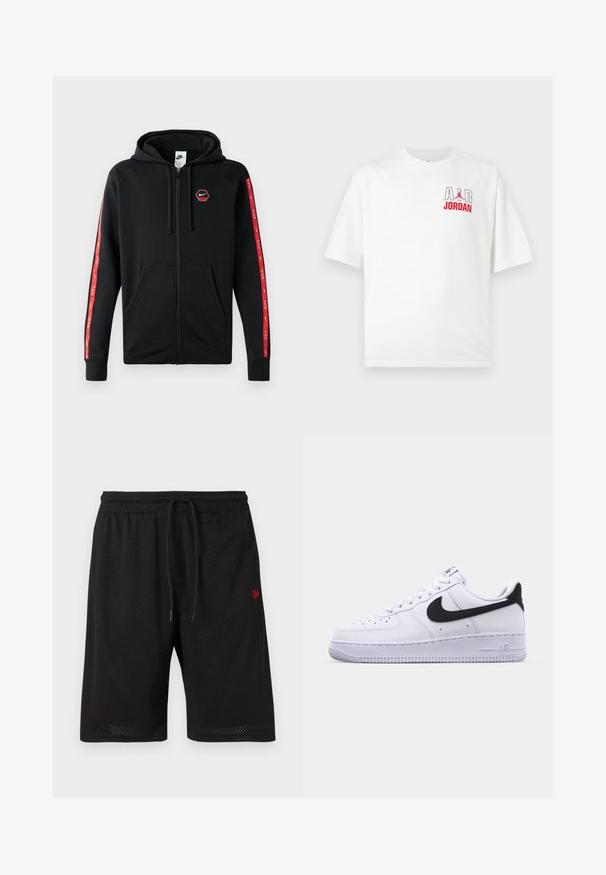 Schwarze Nike Zip-Hoodie mit Kordelzugkapuze, Fronttaschen und roten Streifen mit weißen Nike-Logos entlang der Ärmel.; Weißes Kurzarm-T-Shirt mit dem Schriftzug „AIR“ in großen Buchstaben und „JORDAN“ in Rot darunter auf der linken oberen Brust, mit dem Jumpman-Logo.; Schwarze Mesh-Shorts mit elastischem Bund, verstellbarem Kordelzug und kleinem roten Logo auf der linken Seite. Leichter und atmungsaktiver Stoff.; Weißes Leder-Sneaker mit einem strukturierten schwarzen Swoosh, flachen Schnürsenkeln und einer Gummisohle mit genoppetem Muster. "AIR" ist auf der Ferse eingeprägt.