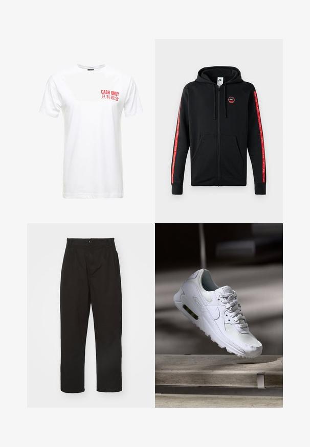 Schwarze Nike Zip-Hoodie mit Kordelzugkapuze, Fronttaschen und roten Streifen mit weißen Nike-Logos entlang der Ärmel.; Weißes Baumwoll-T-Shirt mit kurzen Ärmeln, das auf der linken Brust rot bedruckten Text mit der Aufschrift "NUR BARZAHLUNG" und seiner chinesischen Entsprechung zeigt.; Schwarze Hose aus glattem Stoff, mit Knopfverschluss, geradem Schnitt und zwei vorderen Falten für zusätzlichen Detail.; Weiße Nike Air Max 90 Sneaker mit einem Obermaterial aus Mesh und Leder, durchlässigem Zehenbereich und einer sichtbaren Air-Einheit in der Ferse.