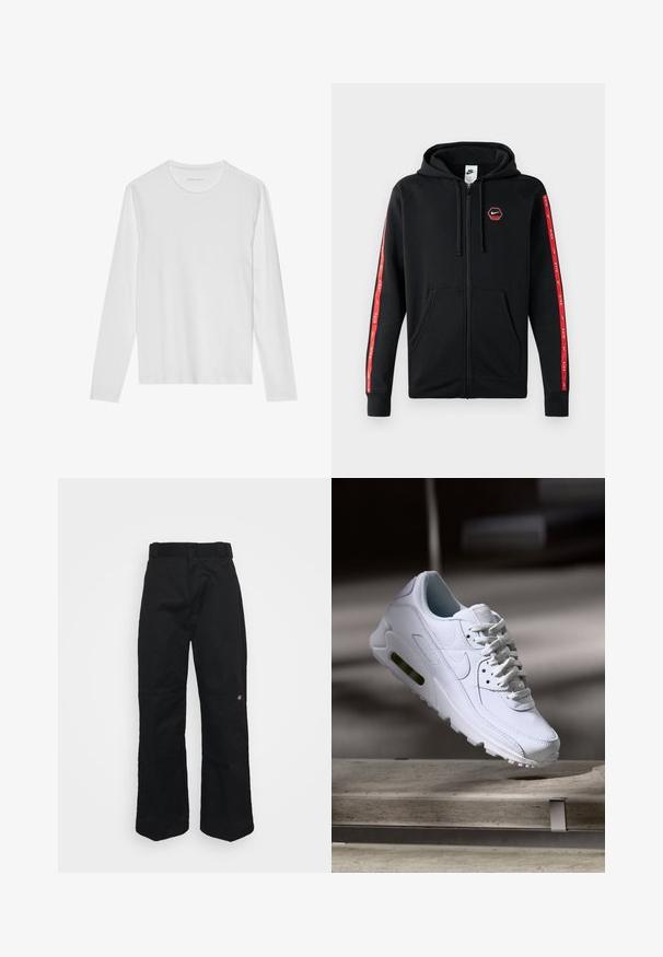 Sort Nike zip-up hoodie med snøre i hætten, frontlommer og røde striber med hvide Nike-logoer langs ærmerne.; Langærmet hvid T-shirt lavet af blød bomuld, med rund halsudskæring og en glat tekstur uden synlige mønstre eller accenter.; Sorte bukser lavet af robust stof, med lige ben, bæltestropper og en lille logo på den nederste side.; Hvide lædersneakers med teksturerede overflader, polstret krave og synlig luftpolstring i sålen. Har snørrebånd og et minimalistisk design.