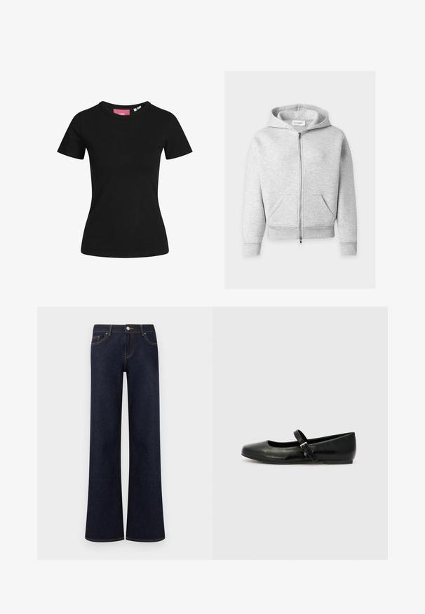 Hellgrauer Kapuzenpullover mit Reißverschluss, vorderen Taschen, langen Ärmeln, gerippten Bündchen und Saum sowie einer Kordelzugkapuze.; Schwarzes Kurzarm-T-Shirt aus Baumwolle. Klassisches Rundhalsdesign mit glatter Textur und figurbetontem Schnitt.; Dunkelblaue Denim-Jeans mit weiter Beinform, vorne Taschen, Knopf- und Reißverschluss sowie sichtbaren Kontrastnähten.; Schwarze Leder-Ballerinas mit einer runden Spitze, einer flachen Sohle und einem dünnen, verstellbaren Riemen über dem Spann mit einer Metallschnalle.