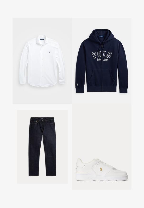 Marineblauwe hoodie met ritssluiting, voorzakken, capuchon met trekkoord, "Polo Ralph Lauren" tekst op de borst en een klein wit logo geborduurd op de linkermouw manchet.; Witte lange mouwen knoopshirt van katoen. Heeft een klassieke kraag, normale pasvorm en een klein marineblauw logo op de borst.; Donker indigoblauwe rechte jeans met vijf zakken, knoop- en ritsluiting en contrasterende oranje stiksels op een effen achtergrond.; Witte lage leren sneaker met witte veters en een gouden Polo Ralph Lauren-logo aan de zijkant en "Polo" in de zool gegraveerd.