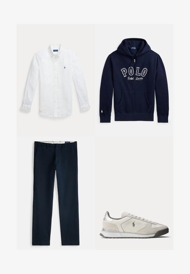 Tmavomodrá mikina na zips s prednými vreckami, kapucňou so šnúrkami, textom "Polo Ralph Lauren" na hrudi a malou bielou výšivkou loga na manžete ľavého rukáva.; Biela ľanová košeľa s dlhým rukávom, zapínaním na gombíky a špicatým golierom, s vyšitým modrým logom na ľavej hrudi. Má gombíkové manžety.; Chino nohavice námorníckej modrej farby s rovnými nohavicami, vybavené šikmými prednými vreckami, pútkami na opasok a bielou vnútornou podšívkou.; Nízky biely a svetlosivý teniska s logom Polo na boku, so šnurovaním vpredu a strieborným akcentom na päte.