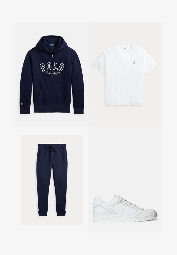 Tmavomodrá mikina na zips s prednými vreckami, kapucňou so šnúrkami, textom "Polo Ralph Lauren" na hrudi a malou bielou výšivkou loga na manžete ľavého rukáva.; Biele tričko s krátkym rukávom a výstrihom do V s malým tmavomodrým logom koňa Polo Ralph Lauren na ľavej strane hrudníka.; Tmavomodré tepláky s bielymi bočnými panelmi, elastickým pásom so šnúrkou, rebrovanými manžetami a malým vyšívaným logom na hornej časti nohy.; Biele kožené tenisky s hladkým povrchom, obsahujúce perforovanú špičku, šnúrkové uzatvorenie a vyšívané logo na boku. Biela gumová podrážka.
