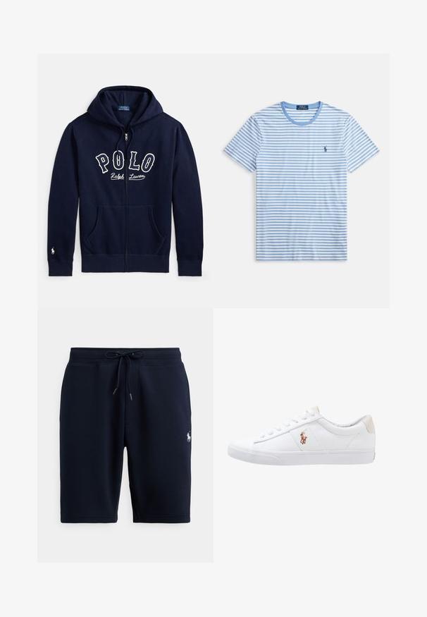 Marineblauer Kapuzenpullover mit Reißverschluss, Fronttaschen, Kapuze mit Kordelzug, "Polo Ralph Lauren"-Schriftzug auf der Brust und kleiner weißer Logo-Stickerei am linken Ärmelbündchen.; Gestreiftes T-Shirt in Hellblau und Weiß, kurze Ärmel, Rundhalsausschnitt, mit einem kleinen, auf der linken Brustseite aufgestickten Logo. Aus Baumwollmaterial.; Marineblaue Baumwoll-Sportshorts mit elastischem Bund, Kordelzug und Logo-Akzent auf der linken Seite. Glatte Textur, knielang.; Weiße Leinensneaker im Low-Top-Design mit einem beigen Ferseneinsatz und einem kleinen gestickten Logo an der Seite. Gummisohle.
