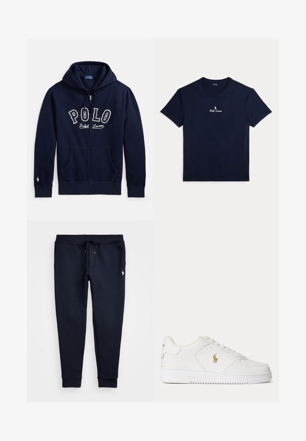 Marineblauwe hoodie met ritssluiting, voorzakken, capuchon met trekkoord, "Polo Ralph Lauren" tekst op de borst en een klein wit logo geborduurd op de linkermouw manchet.; Marineblauw katoenen t-shirt met een ronde hals, korte mouwen en een klein wit geborduurd logo op de borst. Minimalistisch ontwerp.; Marineblauwe joggingbroek met trekkoord in de taille, zijzakken, geribbelde enkels en klein wit paardenlogo op de rechterdij.; Witte lage leren sneaker met witte veters en een gouden Polo Ralph Lauren-logo aan de zijkant en "Polo" in de zool gegraveerd.