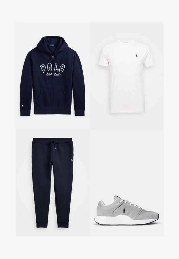 Tumesinine lukuga kapuutsiga pusa esitaskutega, nööriga kapuuts, rinnal "Polo Ralph Lauren" tekst ning vasaku varruka mansetil väike valge logo tikand.; Valge puuvillane T-särk ümmarguse kaelusega. Vasakul rinnal on väike tume sinine logo. Lühikesed varrukad, sile tekstuur.; Meresinised dressipüksid nööriga vöökohas, küljetaskud, kummiga pahkluudes ja väike valge hobuse logo paremal reiel.; Hall ja valge sportjalats võrgusilma ja seemisnahast paneelidega, valgete paeltega ja musta logoga külgedel, esitatud lihtsal taustal.