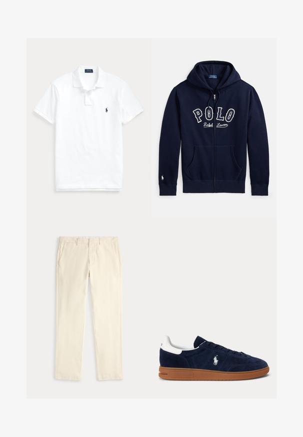 Tumesinine lukuga kapuutsiga pusa esitaskutega, nööriga kapuuts, rinnal "Polo Ralph Lauren" tekst ning vasaku varruka mansetil väike valge logo tikand.; Valge lühikeste varrukatega polosärk, krae, kahe nupuga plastron ja väike tumesinine logo vasakul rinnal.; Kreemikas sirge jalaosaga püksid vöö aasade ja küljetaskutega, esitatud tasaselt heledal taustal.; Tumesinist seemisnahast toss valge kannataskuga, küljel tikitud logoga, pruun kummipõhi ja mustade ninadega.