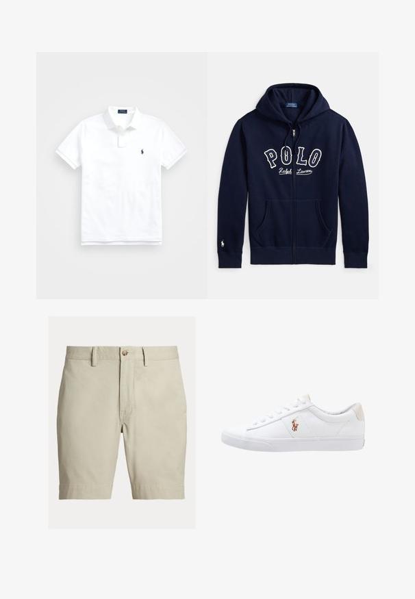 Sweat à capuche zippé bleu marine avec poches avant, capuche à cordon, texte "Polo Ralph Lauren" sur la poitrine et petite broderie de logo blanc sur le poignet de la manche gauche.; Polo blanc à manches courtes avec col, deux boutons et petit logo brodé bleu marine sur la poitrine gauche.; Short beige longueur genou avec passants pour ceinture, fermeture par bouton et braguette zippée, présenté sur fond blanc.; Baskets en toile blanches avec un design basse, présentant un onglet de talon beige et un petit logo brodé sur le côté. Semelle en caoutchouc.