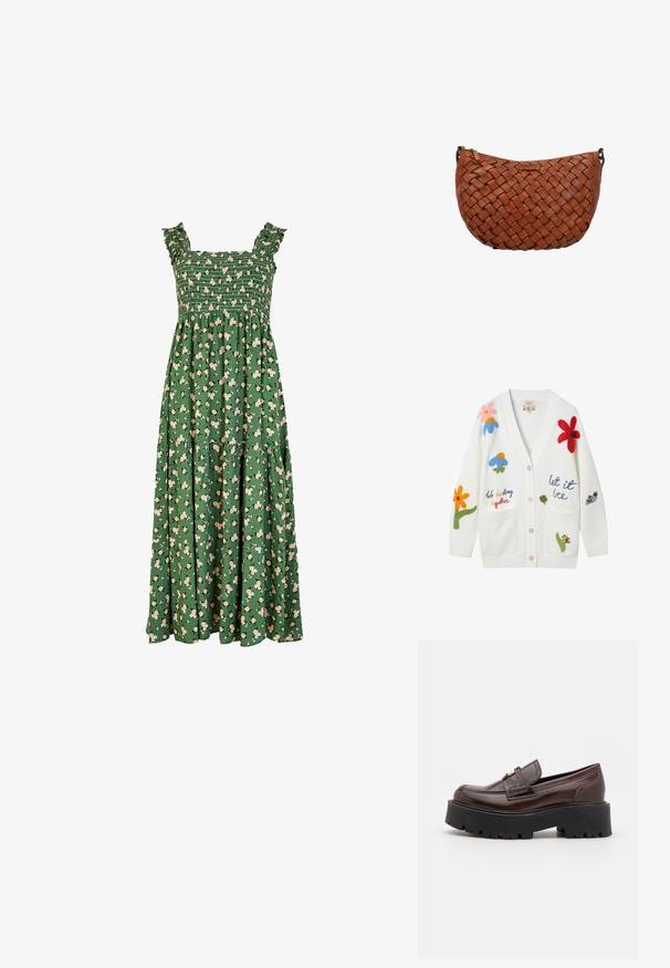 Hvid cardigan med farverige broderede blomster, bier og tekst, der lyder "Vi hører sammen" og "let it bee", med forlommer og multifarvede knapper.; Grøn maxi kjole med smocket bodice, voluminøse stropper og et blomstermønster med lyserøde blomster. Inkluderer et flerlagsskørt design.; Madden Girl CALISTA - Loafers - brown; Brun skuldertaske i læder med flettet mønster og lynlåslukning på toppen, vist mod en hvid baggrund.
