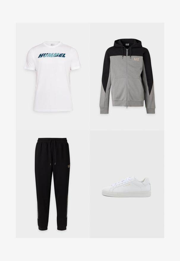 Sivá a čierna mikina s kapucňou na zips, s prednými vreckami a logom EA7 Emporio Armani na hrudi.; Biele športové tričko s krátkym rukávom s modrým logom "HUMMEL" a malým nápisom "ACTIVE SPORTSWEAR" na hrudi, jednofarebné pozadie.; Čierne zúžené tepláky s elastickým pásom, šnúrkami a malým zlatým logom na ľavej hornej stehne.; Biele kožené nízke tenisky s okrúhlou špičkou, plochými tkaničkami, štruktúrovanou podrážkou a jemným zlatým logom na boku. Hladký povrch a minimalistický dizajn.