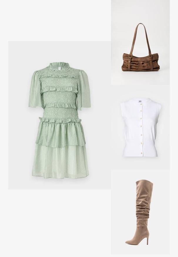 BDG Urban Outfitters Vest - white; Mintgroene korte jurk met geplooide halve mouwen, een geplooid lijfje, horizontale ruches en een gelaagde rok met verticale strepen.; Beige faux suede over-the-knee laars met slouchy ontwerp, puntige neus en een 10 cm hoge stilettohak. Gladde textuur en minimalistische stijl.; Even&Odd Handtas - brown