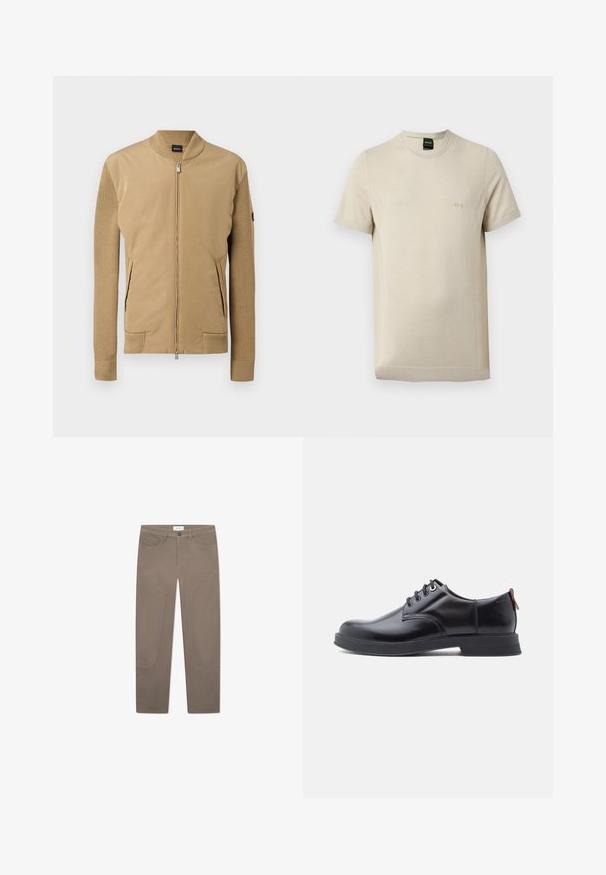 Tanjakke med strikkede ærmer og ribbet krave, lynlås foran, sidelommer og et lille sort logoemblem på venstre ærme.; Beige T-shirt med korte ærmer og rund hals, med subtil tekstur og lille præget "BOSS"-logo på venstre bryst.; Brune bukser med lige snit, der har forlommer og accentuerende syninger langs siderne for ekstra detaljer og tekstur.; Sorte snørestøvler i læder med glat tekstur, rundet tå og diskrete syningsdetaljer. Har en rød trækflig på hælen.