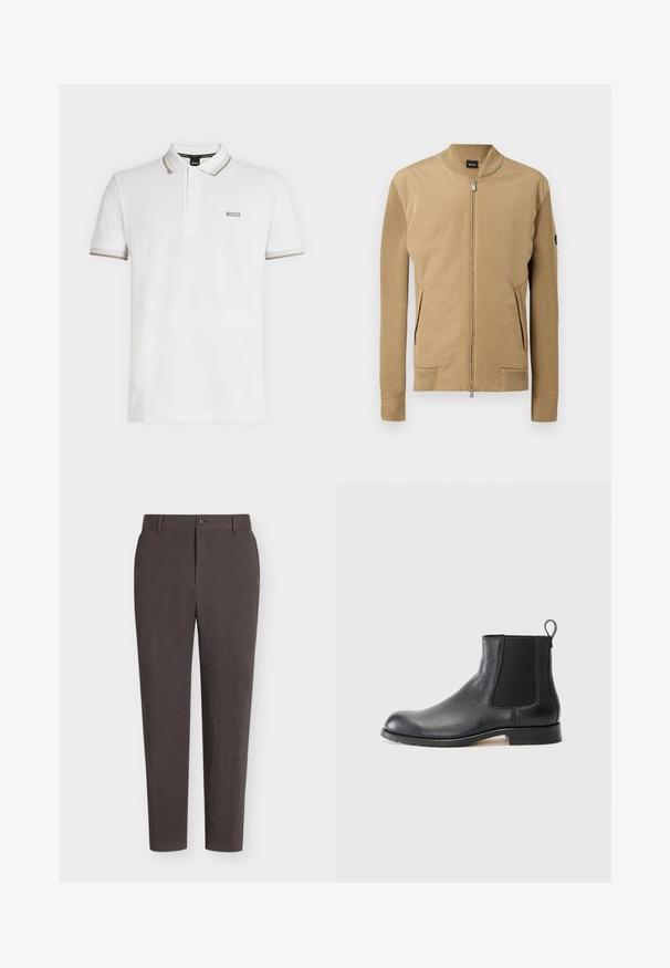 Veste camel avec manches en tricot et col côtelé, fermeture éclair à l'avant, poches latérales, et un petit écusson noir avec logo sur la manche gauche.; Polo blanc à manches courtes avec col et manches bordés de beige, patte de boutonnage à trois boutons, et petit logo « BOSS » sur la poitrine.; Pantalon slim fit marron foncé avec passants de ceinture, fermeture devant avec bouton et zip, présenté sur un fond blanc uni.; Botte Chelsea en cuir noir avec une tige texturée, des panneaux latéraux élastiques et une languette. Équipée d'une semelle en caoutchouc plate et d'un design à bout arrondi.