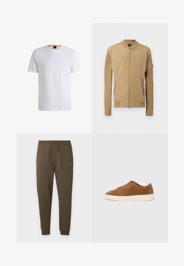 Beige jas met gebreide mouwen en geribbelde kraag, rits aan de voorkant, zijzakken en een klein zwart logopatch op de linkermouw.; Witte katoenen t-shirt met korte mouwen en een ronde hals. Heeft een subtiele logo patch aan de voorkant en een oranje accent bij de kraag.; Donkergroene sweatpants met een elastische tailleband, trekkoord, zijzakken en geribbelde boorden. Kleine blauwe logopatch aan de linkerkant.; Bruine suède sneaker met een afgeronde neus, crèmekleurige rubberen zool en tonale veters. Heeft een geperst logo op de zijkant en een glad achterpaneel.