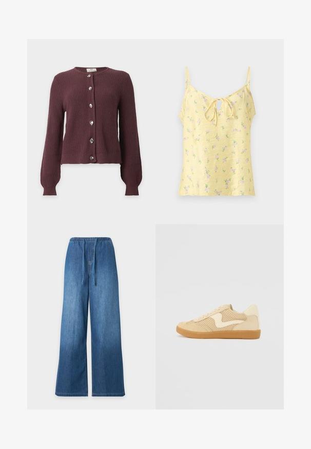 Cardigan en maille violet foncé à manches longues avec six boutons argentés irréguliers sur le devant, sur un fond clair uni.; Camisole jaune sans manches avec bretelles réglables, petit motif floral rose et détail de nœud à l'avant sur un décolleté en clé.; Pantalon en denim bleu à jambes larges avec taille élastique et fermeture avant par cordon sur fond clair uni.; Sneaker beige avec des matériaux en daim et en maille, forme arrondie, col rembourré proéminent et semelle en caoutchouc gomme. Présente un accent de design en forme de vague.