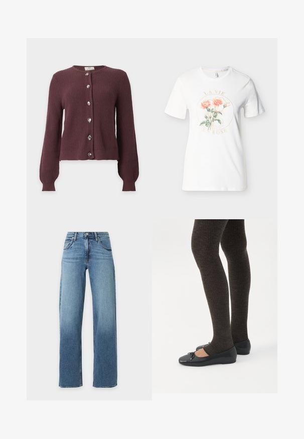 Cardigan en maille violet foncé à manches longues avec six boutons argentés irréguliers sur le devant, sur un fond clair uni.; T-shirt blanc à manches courtes avec col rond, présentant deux roses pêches et des tiges vertes à l'intérieur d'un cercle avec le texte "LA VIE EN ROSE".; Jean bleu taille haute à jambes droites avec poches avant, passants de ceinture, et fermeture par bouton et fermeture éclair.; Jambes portant des leggings côtelés foncés associés à des ballerines noires avec de petits détails en nœud sur fond blanc.