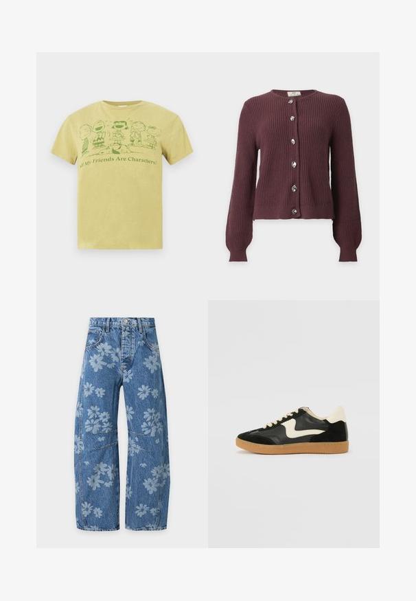 Cardigan en maille violet foncé à manches longues avec six boutons argentés irréguliers sur le devant, sur un fond clair uni.; T-shirt jaune avec des personnages Peanuts verts debout et Snoopy couché, et le texte "Tous mes amis sont des personnages !"; Jean en denim bleu à jambes larges avec motifs floraux légers, poches avant, fermeture par bouton et détails cousus aux genoux.; Baskets en daim et cuir noir avec un swoosh latéral crème et un talon crème clair. Dotées de lacets beige et d'une semelle en caoutchouc gomme.
