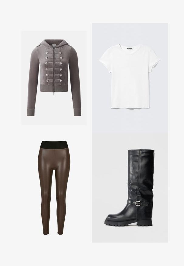 Veste courte grise à capuche avec fermeture éclair à l'avant, boutons argentés décoratifs en deux rangées verticales, poignets et ceinture côtelés.; T-shirt blanc uni à manches courtes avec col en V et une petite étiquette "WEEKDAY" à l'intérieur du col, présenté sur un fond gris clair.; Pantalons en simili cuir marron avec une taille haute noire, présentant une finition lisse et brillante et un design ajusté jusqu'à la cheville.; Bottes noires jusqu'au genou en cuir lisse avec un accent de boucle. Semelle épaisse en caoutchouc avec un design de semelle robuste pour une meilleure traction.
