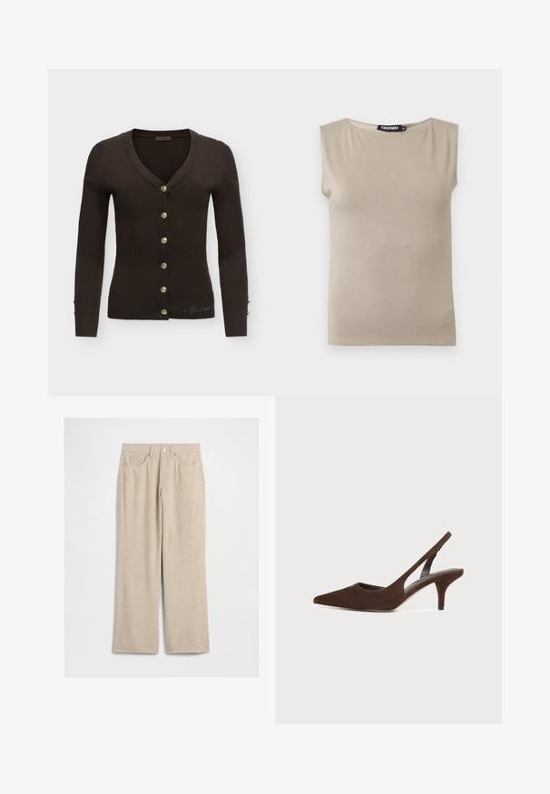 Cardigan côtelé marron foncé à manches longues avec boutons argentés sur le devant et petit logo décoratif près de l’ourlet sur un fond uni.; Haut beige en coton sans manches avec larges bretelles et col rond, taille moyenne, posé à plat sur fond blanc.; Pantalon beige en velours côtelé à jambes larges avec poches avant, passants de ceinture et fermeture par bouton en métal.; Escarpin slingback en daim brun foncé avec bout pointu et talon kitten sur un fond clair uni.