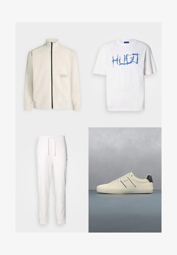 Lyse beige sweatshirt med lynlås, høj krave og lange ærmer, med et lille rektangulært mærke på venstre bryst og en sort lynlås.; Hvid bomulds t-shirt med et markant blåt "HUGO" logo i en takket skrifttype. Korte ærmer og rund halsdesign. Glat tekstur.; Hvide bomulds-sweatpants med elastisk talje, snørelukning og ribbede manchetter. Har et lille sort logo på siden.; Cremefarvede sneakers med en glat tekstur, der har sorte accenter og branding. Klassisk snørebåndsdesign med rund tå og gummisål.
