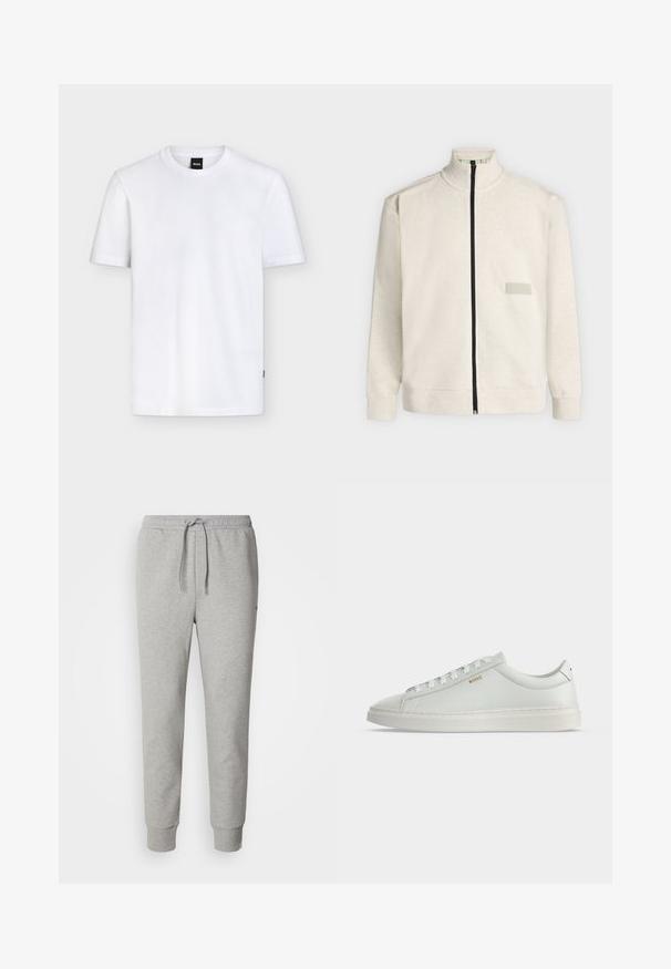 Lyse beige sweatshirt med lynlås, høj krave og lange ærmer, med et lille rektangulært mærke på venstre bryst og en sort lynlås.; Enkelt hvid T-shirt med korte ærmer og rund halsudskæring, med et lille sort mærke ved kraven og subtil tekstur i stoffet.; Grå joggingbukser lavet af blødt stof. Har elastisk taljebånd med snøre, ribbede manchetter og lige ben. Ingen synlige mønstre eller logoer.; Hvid lavtop lædersneakers med snørebånd, flad sål og lille gyldent "BOSS" logo på siden, set fra ydersiden.