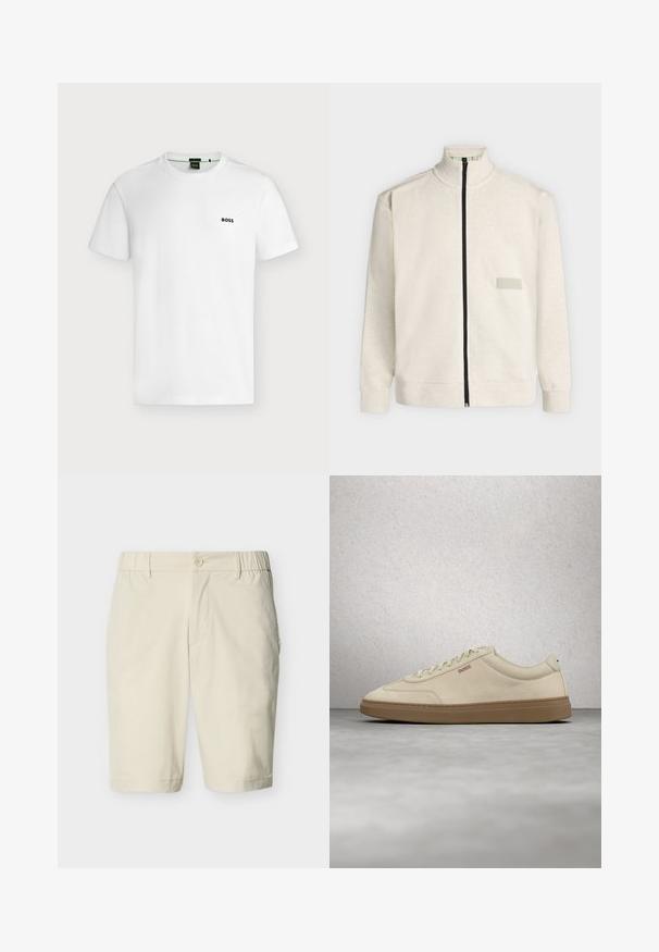 Hellbeiges Sweatshirt mit Reißverschluss, hohem Kragen und langen Ärmeln, mit einem kleinen rechteckigen Aufnäher auf der linken Brustseite und einem schwarzen Reißverschluss.; Schlichtes weißes T-Shirt mit kurzen Ärmeln und kleinem schwarzen "BOSS"-Logo auf der linken Brust, vor hellem Hintergrund gezeigt.; Beige kniehohe Shorts mit Knopfverschluss, elastischen Seitentaschen, Gürtelschlaufen und Seitentaschen vor einfarbigem Hintergrund.; Hellbeiger Wildledersneaker mit Gummisohle, auffälligen Schnürsenkeln und dezenten Nahtdetails. Sauberes Design mit minimalistischem Ästhetik.