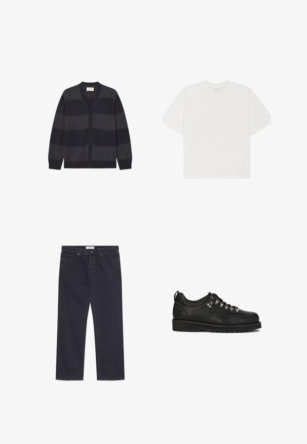 WOOD WOOD WWLEVI - Strickjacke - salute stripe; Weißes Baumwoll-T-Shirt mit Rundhalsausschnitt, kurzen Ärmeln und lockerem Schnitt. Glatte Textur ohne auffällige Muster oder Applikationen.; Dunkelblaue Denim-Jeans mit geradem Bein, fünf Taschen und einer klassischen Knopf- und Reißverschlussöffnung. Merkmale sind kontrastierende Nähte.; Kazar Studio KS BLAISE - Sportlicher Schnürer - black