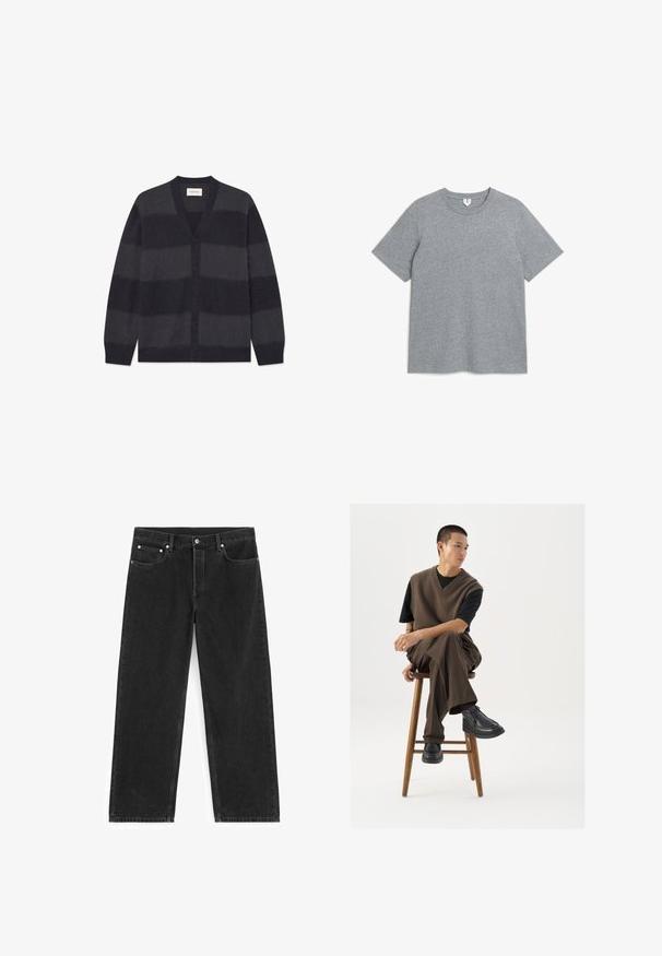 WOOD WOOD WWLEVI - Strickjacke - salute stripe; Graues Baumwoll-T-Shirt, kurze Ärmel, Rundhalsausschnitt, einfarbig mit weicher Textur, ohne Muster oder sichtbare Hardware.; Schwarze gerade Jeans mit Taschen vorne und hinten, Gürtelschlaufen und Knopfverschluss an der Taille.; Brauner Strickwesten über einem schwarzen T-Shirt, kombiniert mit braunen weiten Hosen und schwarzen klobigen Schuhen, auf einem Holzschemel sitzend.