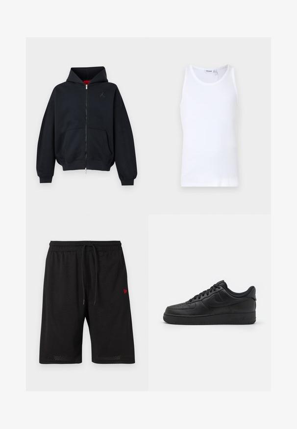 Sudadera negra con cremallera, bolsillos frontales, puños y bajo acanalados, con un pequeño logo sutil en el pecho izquierdo y capucha con forro interior rojo.; Top sin mangas de algodón blanco con cuello redondo y tirantes anchos. Textura suave, sin patrones, diseño limpio y etiqueta de marca en el escote.; Pantalones cortos de malla negros con cintura elástica, cordón ajustable y un pequeño logo rojo en el lado izquierdo. Tejido ligero y transpirable.; Nike Sportswear AIR FORCE 1 07 FLYEASE - Zapatillas - black