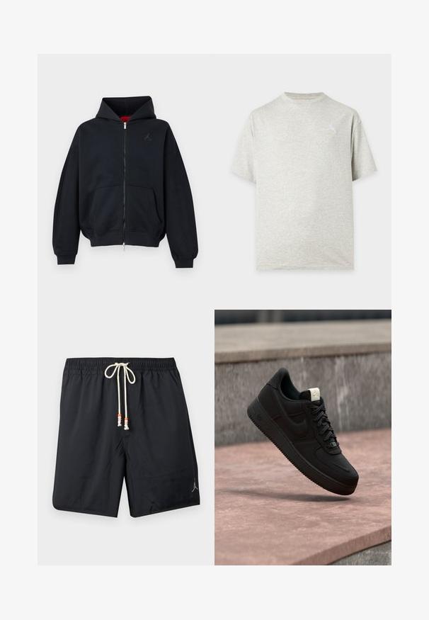 Sweat à capuche zippé noir avec poches avant, poignets et ourlet côtelés, avec un petit logo discret sur la poitrine gauche et une capuche avec doublure intérieure rouge.; T-shirt gris clair à col rond et manches courtes avec un petit logo discret sur le haut gauche de la poitrine sur un fond uni.; Short de bain noir avec taille élastique et cordon blanc avec perles orange et rose, logo Jordan sur la jambe gauche.; Baskets Nike Air Force 1 noires flottant au-dessus d’un rebord en béton rose avec un fond en pierre grise, montrant des détails latéraux et supérieurs.