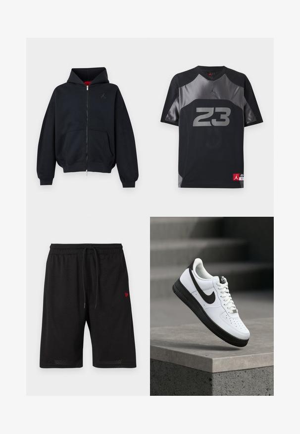 Zwarte zip-up hoodie met voorzakken, geribde manchetten en zoom, met een klein subtiel logo op de linkerborst en een capuchon met rode binnenvoering.; Zwart- en grijsgekleurd sportshirt met korte mouwen, met nummer 23 in het grijs op de voorkant en een klein rood Jumpman-logo aan de onderzoom.; Zwarte mesh shorts met een elastische tailleband, verstelbaar trekkoord en een klein rood logo aan de linkerzijde. Lichtgewicht en ademend materiaal.; Witte leren sneaker met zwarte accenten, afgeronde neus en geperforeerde details. Zwarte rubberen zool met een gestructureerd patroon en vetersluiting.