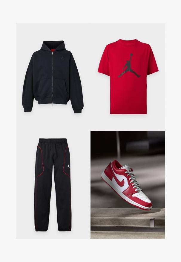 Sudadera negra con cremallera, bolsillos frontales, puños y bajo acanalados, con un pequeño logo sutil en el pecho izquierdo y capucha con forro interior rojo.; Camiseta roja de manga corta con la silueta negra de un jugador de baloncesto saltando, sosteniendo un balón en alto con una mano.; Pantalones deportivos negros con ribetes rojos, cintura y puños elásticos, y un pequeño logo blanco de Jumpman en el muslo derecho.; Zapatilla Nike roja y blanca flotando sobre un banco de piedra en un entorno interior suavemente iluminado.