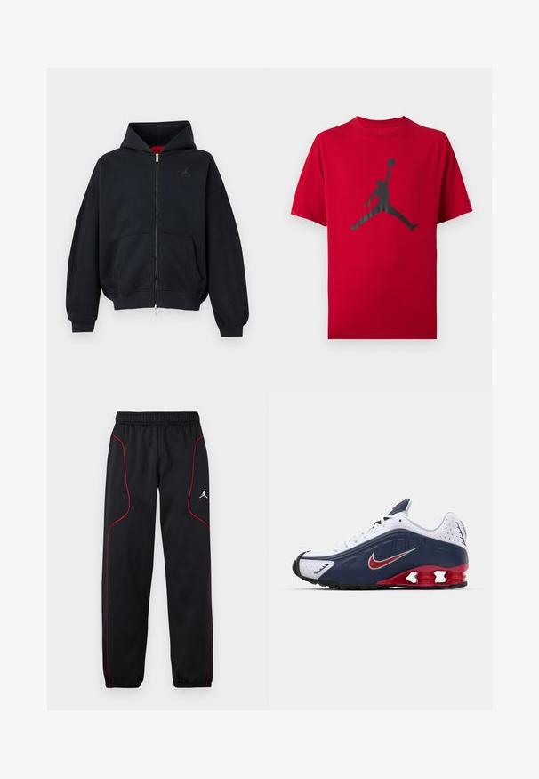Zwarte zip-up hoodie met voorzakken, geribde manchetten en zoom, met een klein subtiel logo op de linkerborst en een capuchon met rode binnenvoering.; Rood T-shirt met korte mouwen met zwarte silhouet van een basketbalspeler die springt en de bal hoog vasthoudt met één hand.; Zwarte sportbroek met rode bies, elastische tailleband en manchetten, en een klein wit Jumpman-logo op de rechterdij.; Witte en marineblauwe sportshoe met rode accenten, gaaspanelen, een gevoerde kraag en een onderscheidend zoolontwerp met zichtbare dempingsunits.
