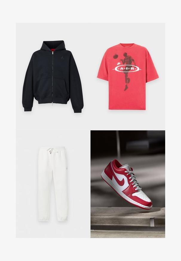 Sort lynlåshættetrøje med forlommer, ribkant ved ærmer og kant, med et lille diskret logo på venstre bryst og en hætte med rød indvendig foer.; Rød bomulds-t-shirt med rund hals, løs pasform og et grafisk tryk af en basketballspiller med teksten "Jordan" og Nike-logo.; Hvide joggers med elastisk talje og snøre, ankelmanchetter og lille Jordan-logo på venstre lår.; Rød og hvid Nike sneakers svævende over en stenbænk i en blødt belyst indendørs setting.