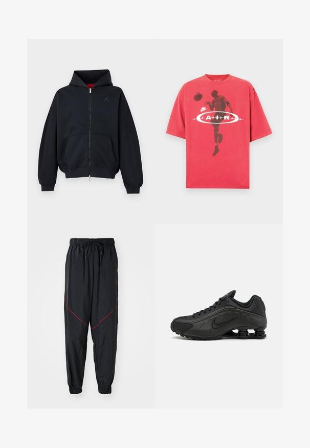 Sudadera negra con cremallera, bolsillos frontales, puños y bajo acanalados, con un pequeño logo sutil en el pecho izquierdo y capucha con forro interior rojo.; Camiseta de algodón roja con cuello redondo, ajuste holgado y un estampado gráfico de un jugador de baloncesto con el texto "Jordan" y el logo de Nike.; Pantalones de chándal negros hechos de una tela ligera con costuras rojas de acento, cintura elástica con cordón y puños elásticos.; Zapatillas de running negras con un upper sintético liso, detalles perforados, paneles laterales texturizados y una suela distintiva y elástica.