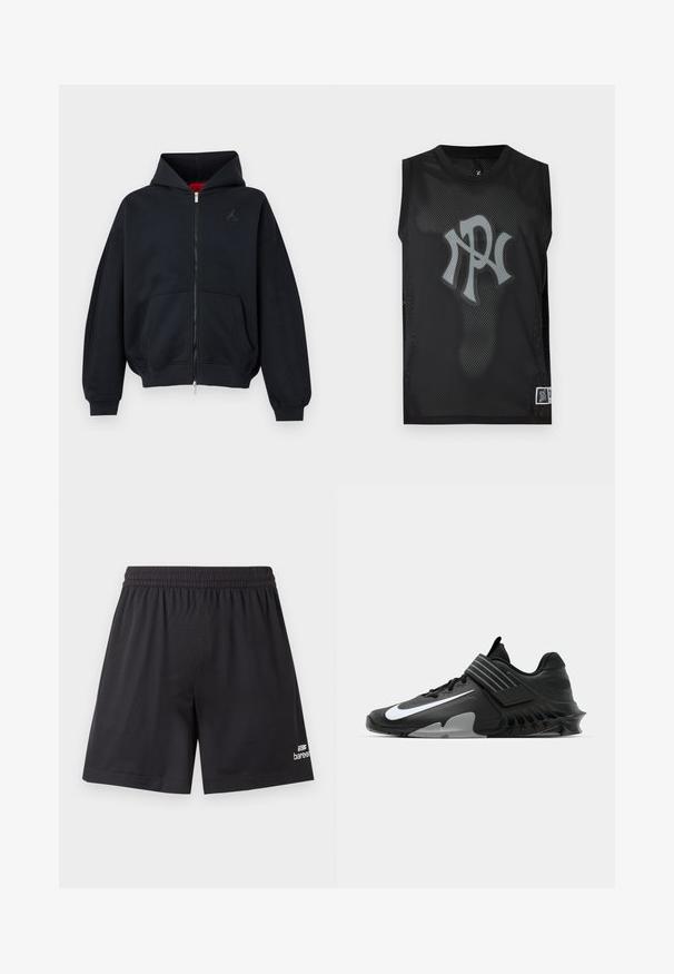 Sweat à capuche zippé noir avec poches avant, poignets et ourlet côtelés, avec un petit logo discret sur la poitrine gauche et une capuche avec doublure intérieure rouge.; Maillot de sport noir sans manches en mesh avec grand logo gris « NP » centré à l’avant et petite étiquette rectangulaire en bas à droite.; Shorts de sport en mesh noir avec taille élastique et logo blanc de la marque "baree" près de l'ourlet bas sur la jambe droite.; Baskets de sport noires au design épuré, avec un logo Nike blanc bien en vue, des surcouches texturées et une semelle moulée distincte.