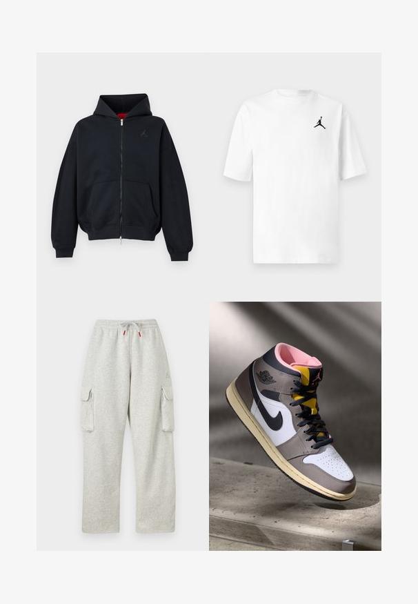 Schwarzer Zip-Hoodie mit Fronttaschen, gerippten Bündchen und Saum, mit einem kleinen, dezenten Logo auf der linken Brust und Kapuze mit rotem Innenfutter.; Weißes Baumwoll-T-Shirt mit Rundhalsausschnitt und kurzen Ärmeln. Es zeigt ein kleines schwarzes Jordan-Logo auf der linken Brustseite.; Hellgraue Sweatpants mit elastischem Bund, Kordelzug mit roten Enden und großen Klappentaschen auf beiden Oberschenkeln.; Hohe Nike Air Jordan Sneaker in Weiß, Grau und Schwarz mit pinkem Innenfutter und gelber Zunge, auf einer Betontfläche platziert.