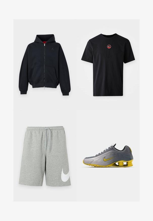 Sudadera negra con cremallera, bolsillos frontales, puños y bajo acanalados, con un pequeño logo sutil en el pecho izquierdo y capucha con forro interior rojo.; Camiseta negra de mangas cortas hecha de algodón, con un logo hexagonal de Nike en rojo y blanco en el pecho y un escote redondeado.; Pantalones cortos deportivos gris claro con cintura elástica, cordón ajustable y un gran logotipo blanco de Nike Swoosh en la parte inferior de la pierna izquierda.; Nike Sportswear SHOX R4 SE UNISEX - Zapatillas - vast grey/bright citron/light graphite/smoke grey/white/black