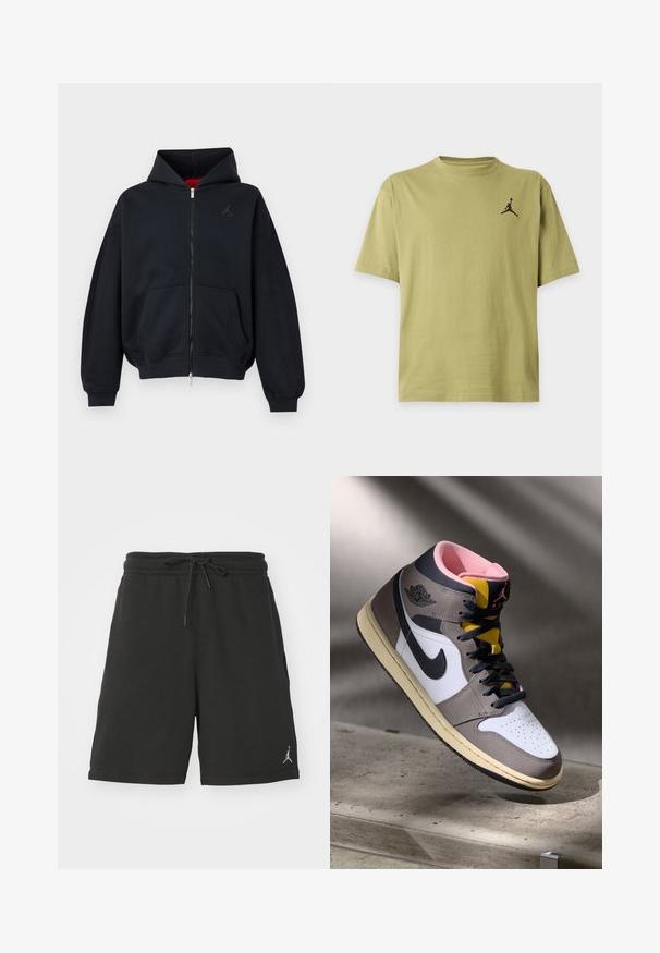 Čierna mikina na zips s prednými vreckami, rebrovanými manžetami a lemom, s malým nenápadným logom na ľavej strane hrudníka a kapucňou s červenou vnútornou podšívkou.; Jednoduché olivovo zelené tričko s krátkym rukávom a malým čiernym logom Jumpman na hornej ľavej strane hrudníka.; Čierne športové šortky vyrobené z mäkkej tkaniny, s elastickým pásom so šnúrkou, bočnými vreckami a malým logom na ľavom stehne.; Biele, šedé a čierne vysoké tenisky Nike Air Jordan s ružovým interiérom a žltým jazykom, umiestnené na betónovom povrchu.