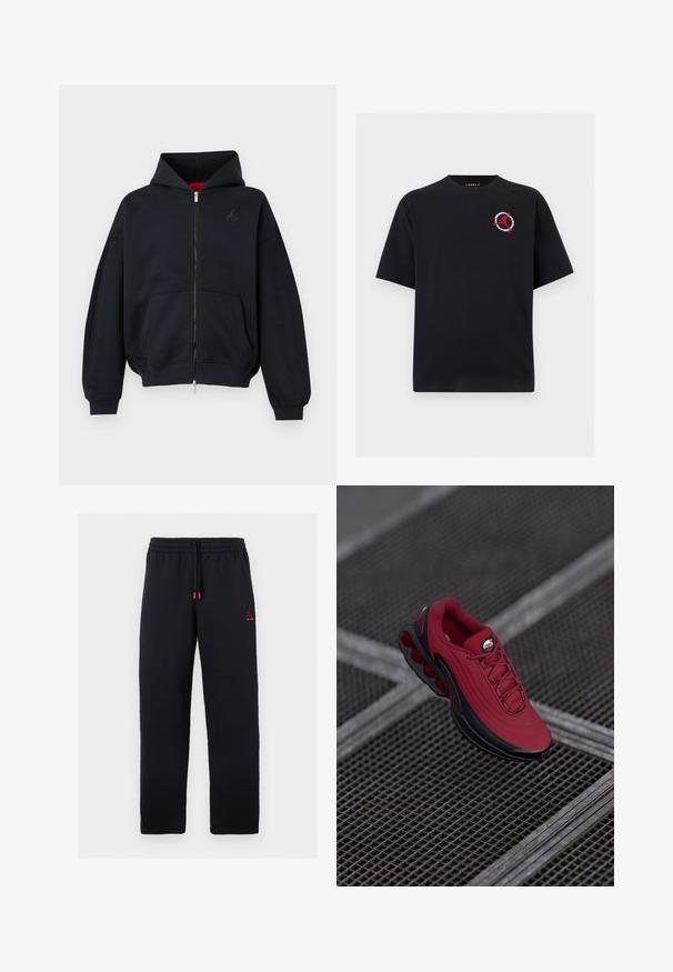 Zwarte zip-up hoodie met voorzakken, geribde manchetten en zoom, met een klein subtiel logo op de linkerborst en een capuchon met rode binnenvoering.; Zwart T-shirt met korte mouwen, met een klein rood Jumpman-logo en een cirkelvormig ontwerp op de linkerborst.; Zwarte joggingbroek met elastische tailleband en trekkoord, klein rood Jumpman-logo met de tekst "AIR" op de linker dij.; Rode sneaker met een gestructureerde bovenkant, voorzien van zwarte accenten en een opvallend ontwerp van luchtkussensole. Veters en logo zijn zichtbaar aan de bovenkant.