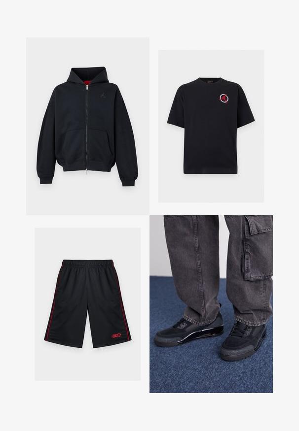 Sweat à capuche zippé noir avec poches avant, poignets et ourlet côtelés, avec un petit logo discret sur la poitrine gauche et une capuche avec doublure intérieure rouge.; T-shirt noir à manches courtes avec un petit logo Jumpman rouge et un motif circulaire sur le côté gauche de la poitrine.; Shorts de sport en mesh noir avec des bandes rouges sur les côtés et un motif de flamme rouge près de l'ourlet inférieur, ceinture élastique, poches latérales zippées.; Des chaussures de sport noires avec une surface texturée, des accents lisses et une semelle épaisse, accompagnées de pantalons cargo larges et foncés.