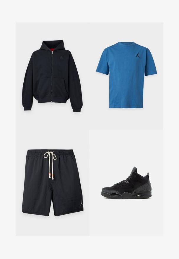 Sort lynlåshættetrøje med forlommer, ribkant ved ærmer og kant, med et lille diskret logo på venstre bryst og en hætte med rød indvendig foer.; Blå t-shirt med korte ærmer og rund hals med en lille sort basketballspiller-logo på øverste venstre bryst.; Sorte badeshorts med elastisk taljebånd og hvid snor med orange og pink perler, Jordan-logo på venstre ben.; Sort høj top sneaker med snørelukning foran, mønstrede sidepaneler, synlig luftsål og polstret ankelkrave på hvid baggrund.