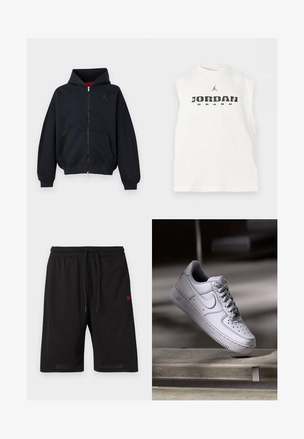 Mustast lukuga kapuutsiga sviiter esitaskute, soonikkoes varruka- ja alumise äärega, millel on vasakul rinnal väike peen logo ning kapuuts punase sisevoodriga.; Valge varrukateta särk tekstiga „JORDAN BRAND“ ja punase Jumpmani logoga teksti kohal rinnapiirkonnas.; Must muströöpidega mustad lühikesed püksid, millel on elastne vöökoht, reguleeritav kummipael ja väike punane logo vasakul küljel. Kerge ja hingav kude.; Valge nahast Nike Air Force 1 tennisejalanõu, millel on perforatsiooniga varvas, lamedad paelad ja tekstureeritud kummist tallaga, millel on küljele märgitud "AIR".